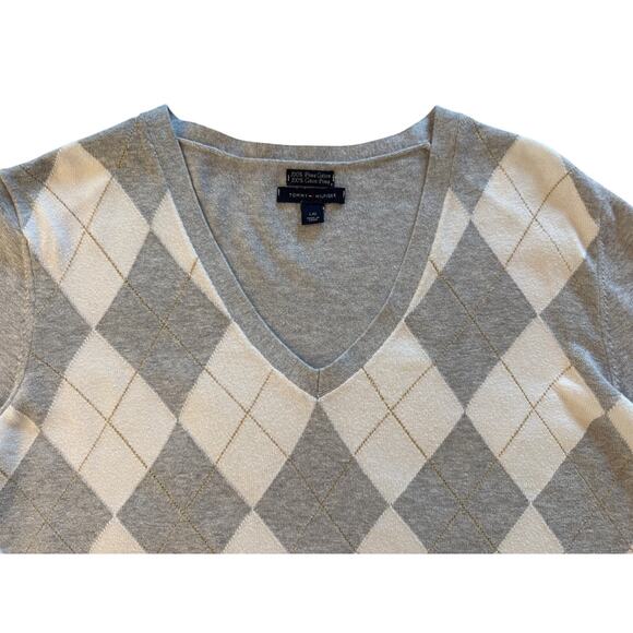 Tommy Hilfiger Sweater Gray White Argyle Diamond V-Neck Golf Preppy Womens XL - Picture 3 of 9